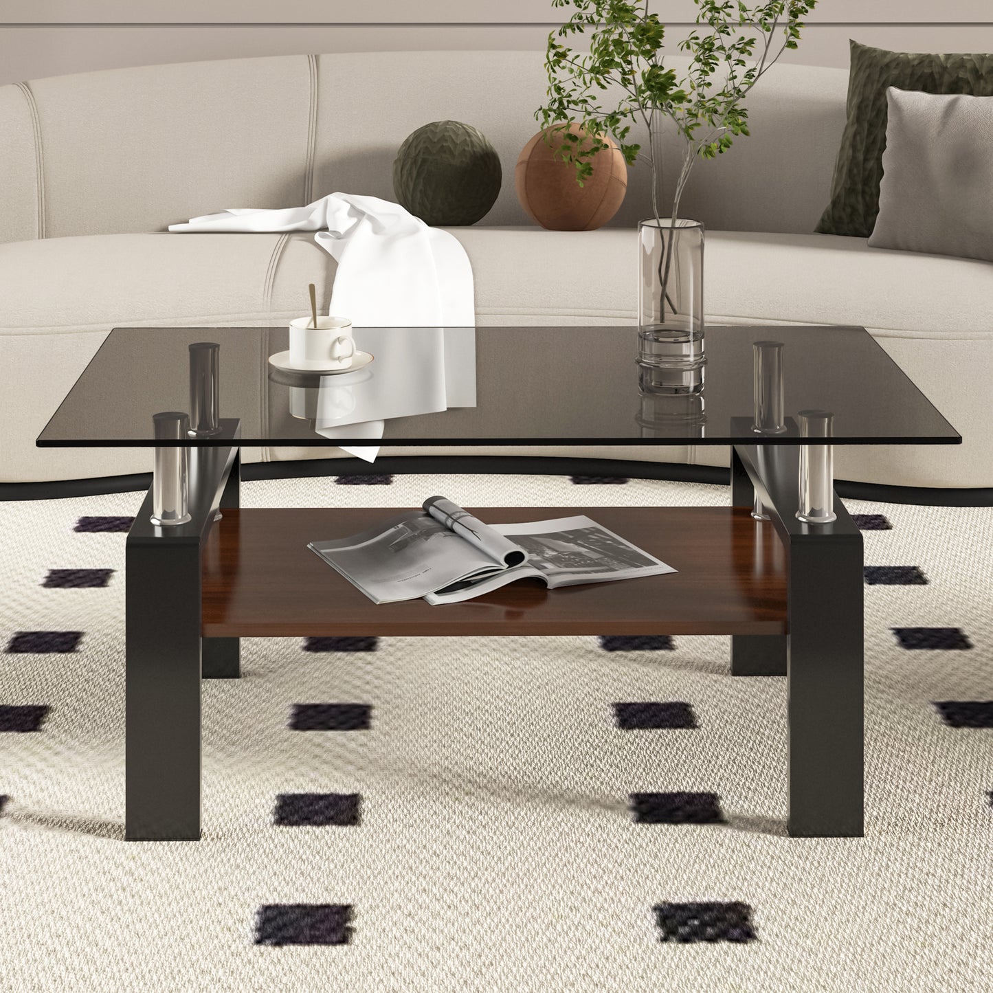 Rectangle Coffee Table, Tempered Glass Tabletop with MDF Layer, Modern Table for Living Room , Gray Glass