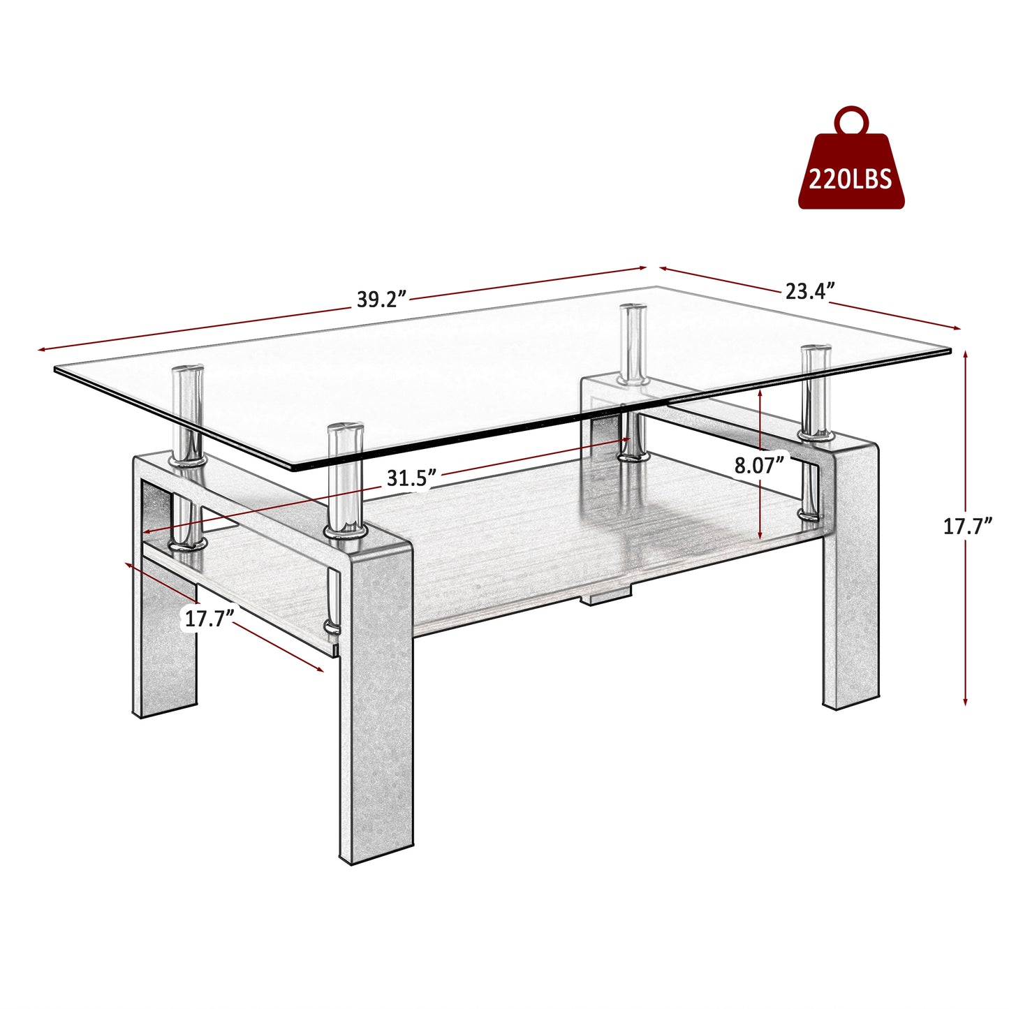 Rectangle Coffee Table, Tempered Glass Tabletop with MDF Layer, Modern Table for Living Room , Gray Glass