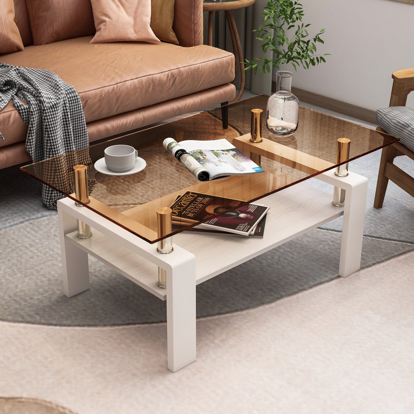 Rectangle Coffee Table, Tempered Glass Tabletop with MDF Layer, Modern Table for Living Room , Brown Glass