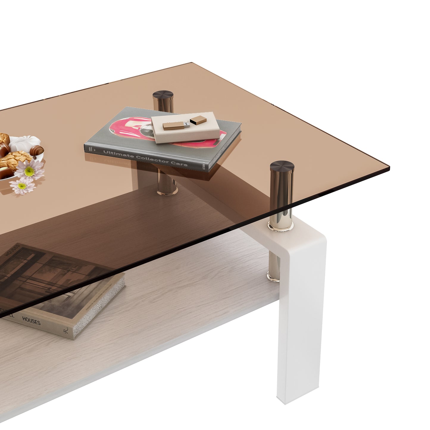 Rectangle Coffee Table, Tempered Glass Tabletop with MDF Layer, Modern Table for Living Room , Brown Glass