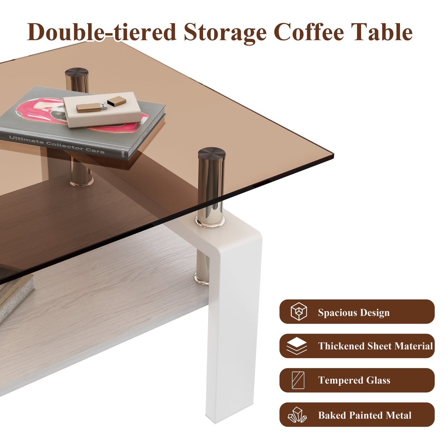 Rectangle Coffee Table, Tempered Glass Tabletop with MDF Layer, Modern Table for Living Room , Brown Glass