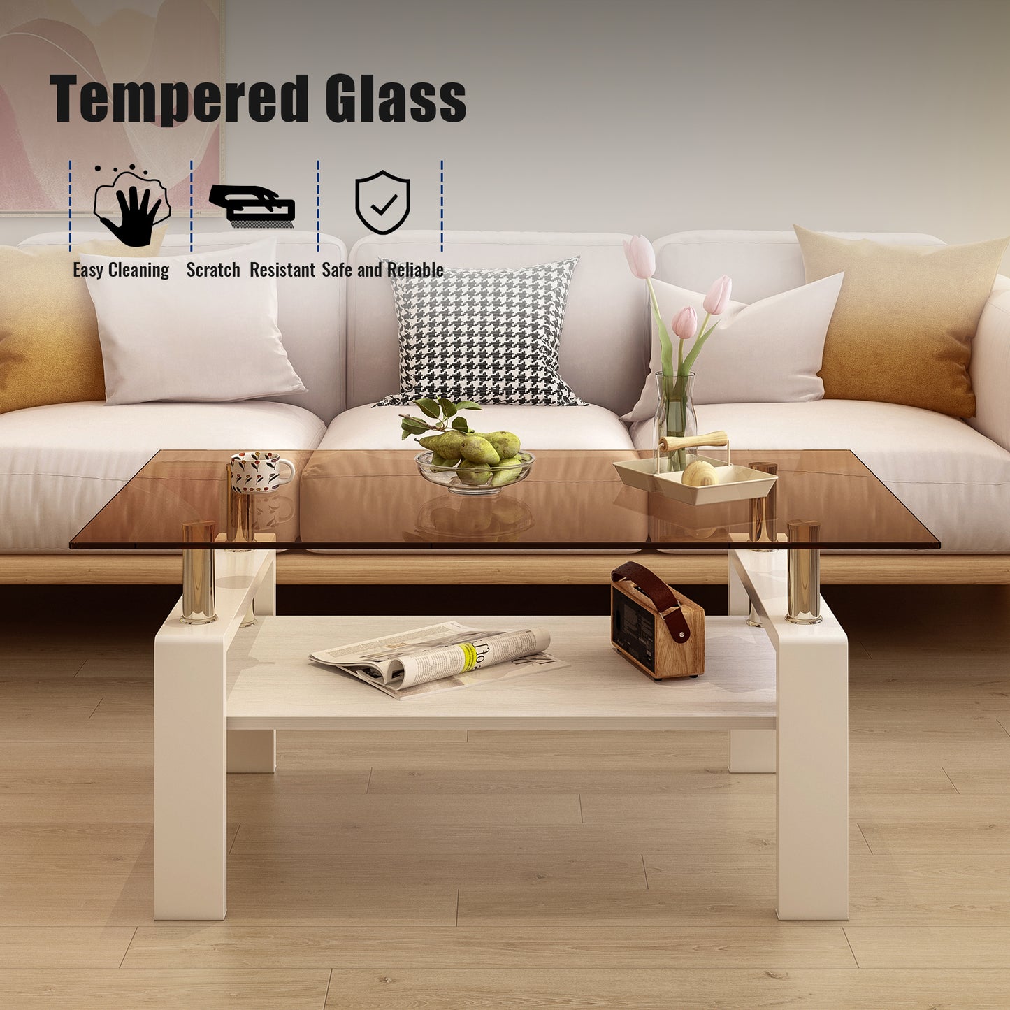 Rectangle Coffee Table, Tempered Glass Tabletop with MDF Layer, Modern Table for Living Room , Brown Glass