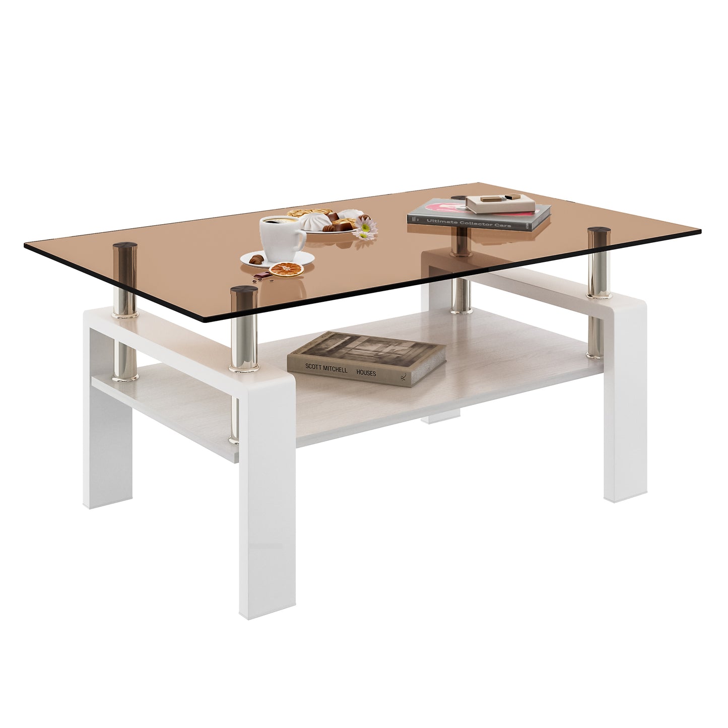 Rectangle Coffee Table, Tempered Glass Tabletop with MDF Layer, Modern Table for Living Room , Brown Glass