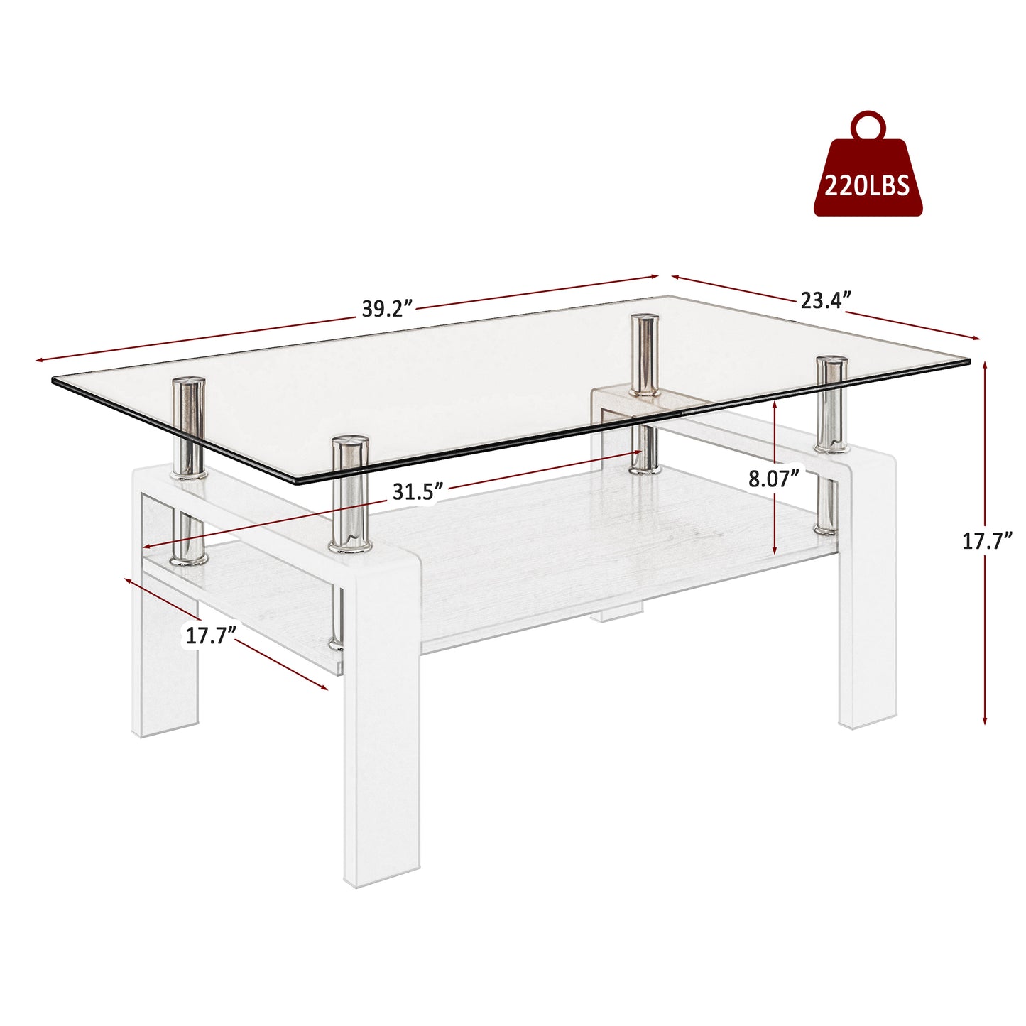 Rectangle Coffee Table, Tempered Glass Tabletop with MDF Layer, Modern Table for Living Room , Brown Glass
