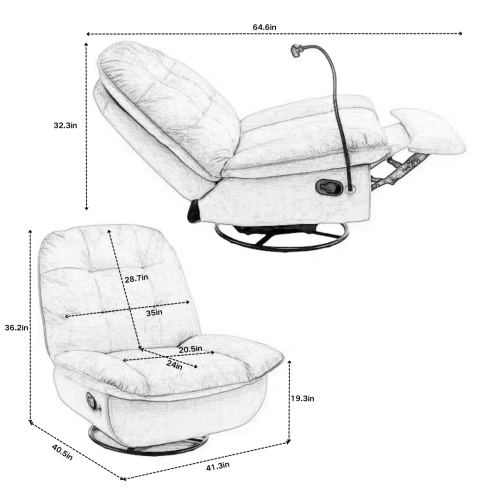 Black recliner, reclining lazy chair, mobile phone holder, large and comfortable reading chair, swivel gliding rocking chair, gold-stamped velvet