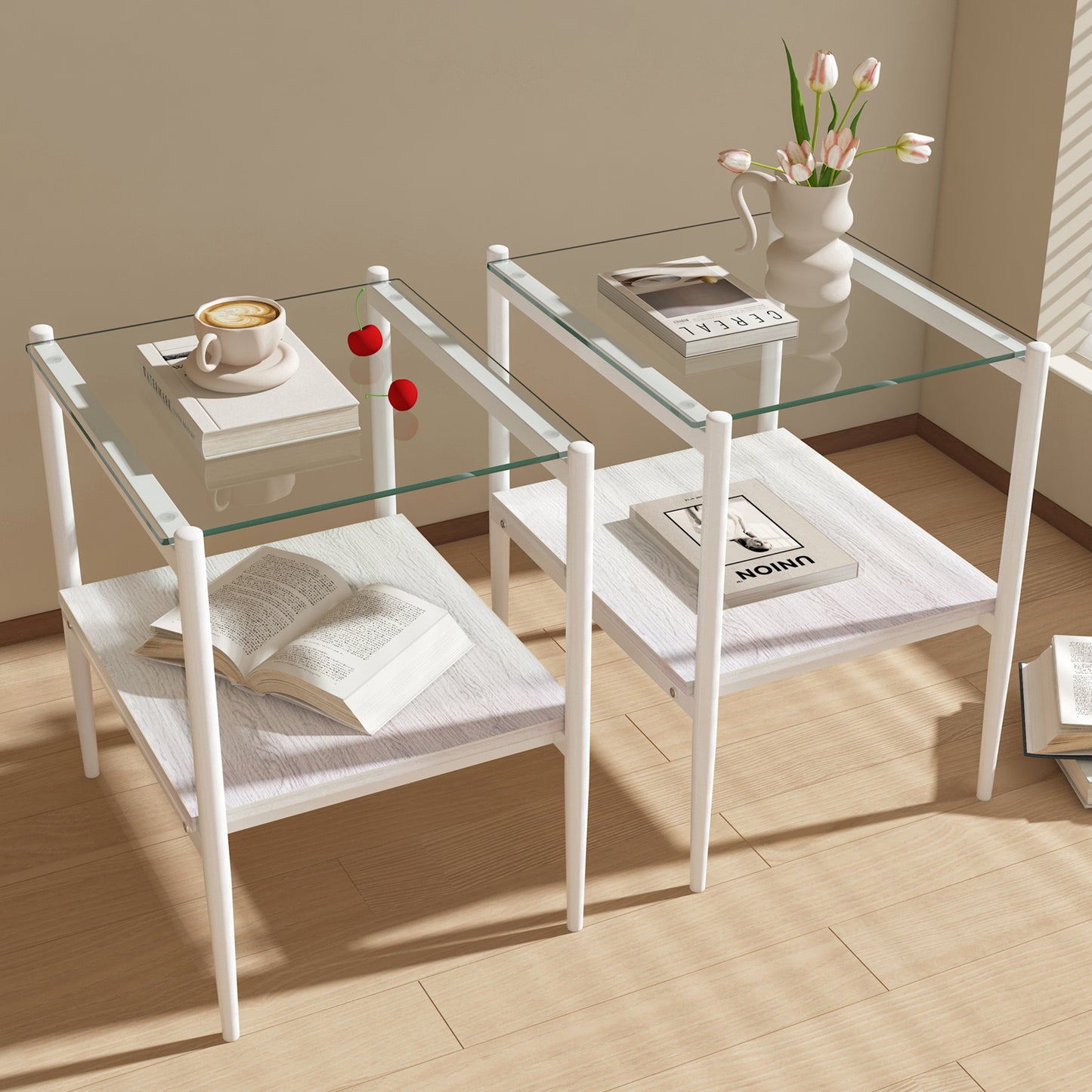 Set of 2 Rectangle End Table, Tempered Glass Tabletop with MDF layer, Modern Table for Living Room , Transparent Glass