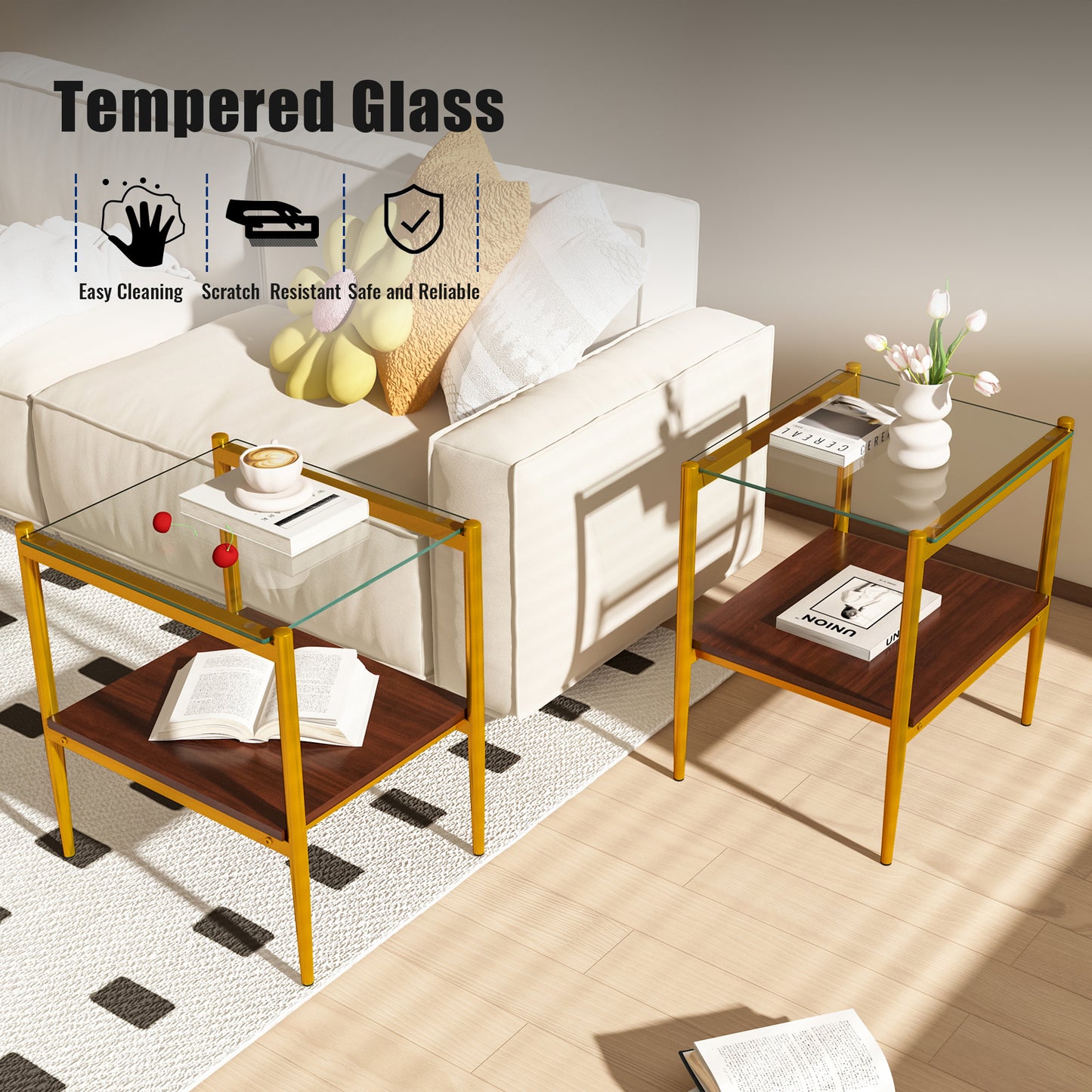 Set of 2 Rectangle End Table, Tempered Glass Tabletop with MDF layer, Modern Table for Living Room , Transparent Glass