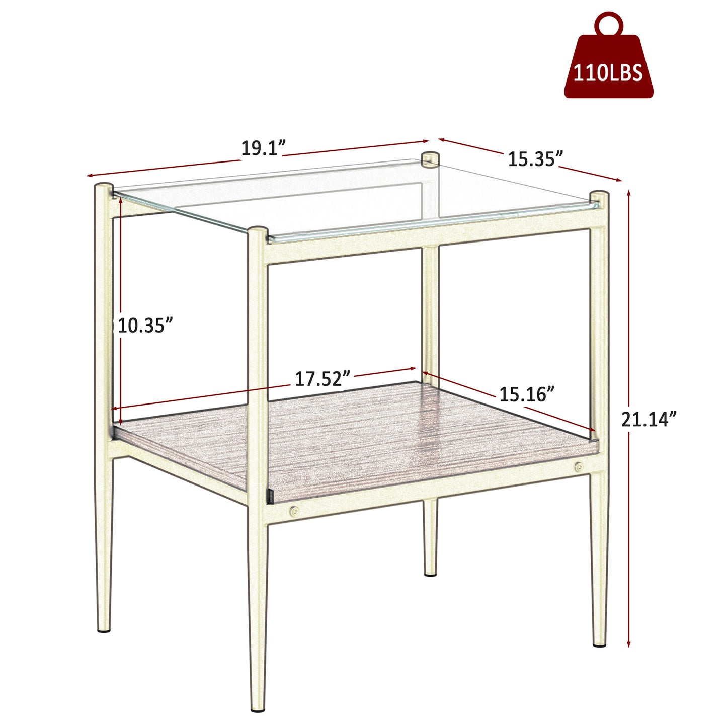 Set of 2 Rectangle End Table, Tempered Glass Tabletop with MDF layer, Modern Table for Living Room , Transparent Glass