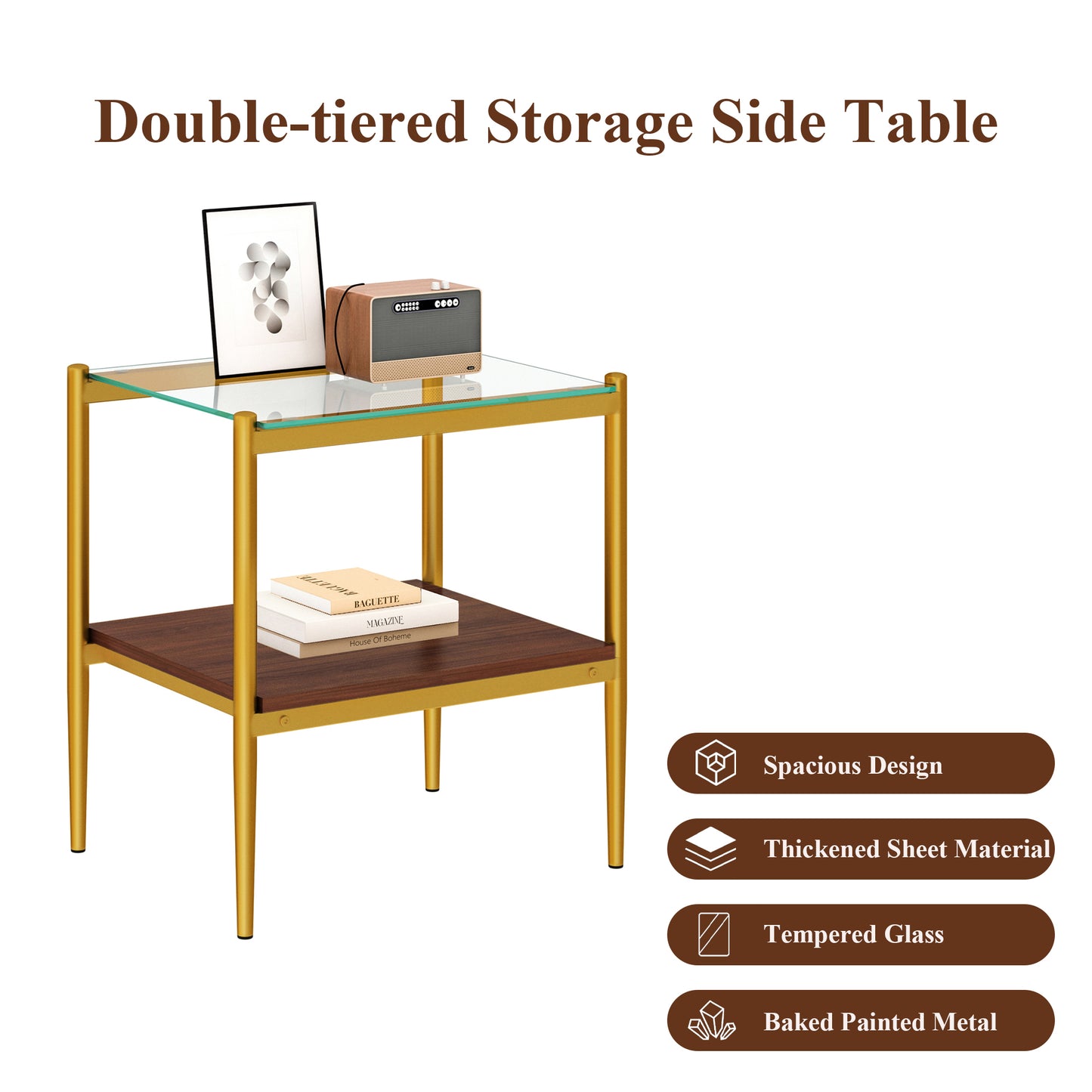 Set of 2 Rectangle End Table, Tempered Glass Tabletop with MDF layer, Modern Table for Living Room , Transparent Glass