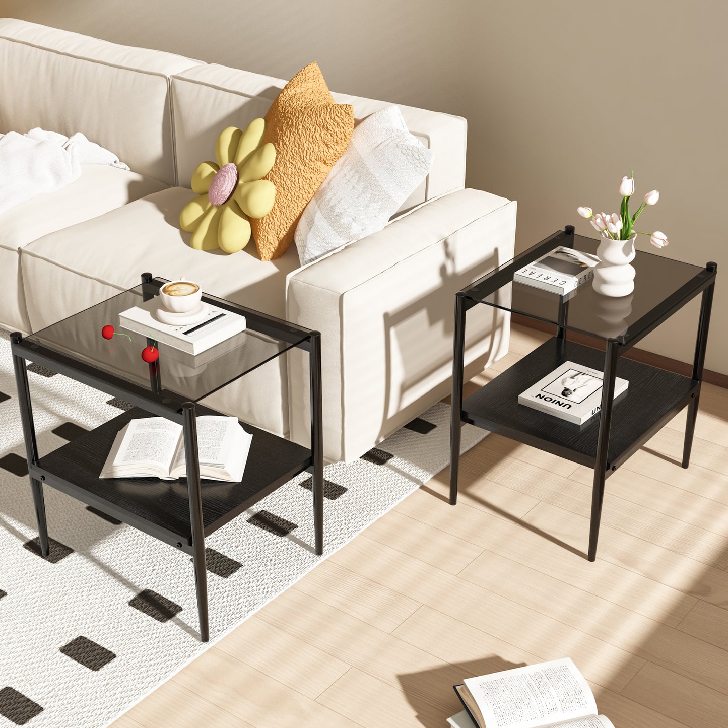 Set of 2 Rectangle End Table, Tempered Glass Tabletop with MDF layer, Modern Table for Living Room , Gray Glass