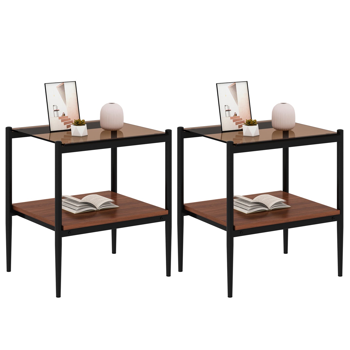 Set of 2 Rectangle End Table, Tempered Glass Tabletop with MDF layer, Modern Table for Living Room , Brown Glass