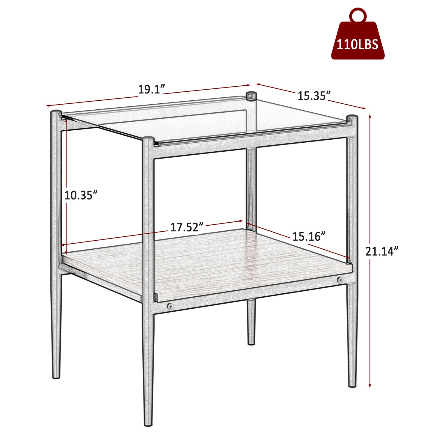 Set of 2 Rectangle End Table, Tempered Glass Tabletop with MDF layer, Modern Table for Living Room , Brown Glass