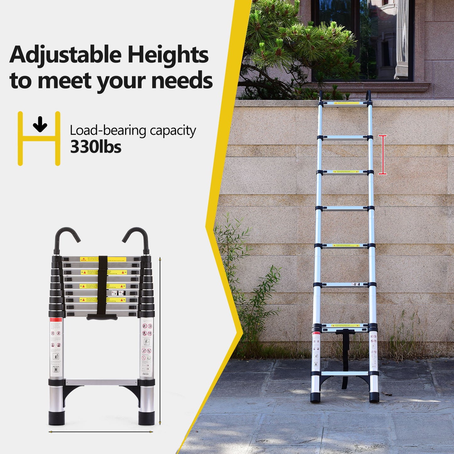 Telescopic ladder, 9.5 foot aluminum button telescopic ladder with 2 triangular stabilizers and hooks, multi-purpose ladder, maximum load-bearing capacity of 330 pounds, suitable for industrial and ho 