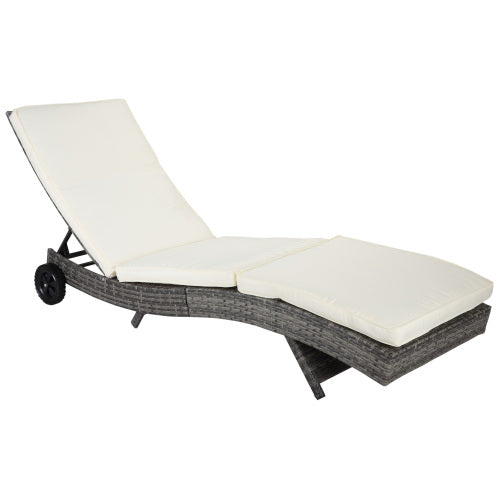 Outsunny Wicker Chaise Lounge Pool Chair, Outdoor PE Rattan Cushioned Patio Sun Lounger w/ 5-Level Adjustable Backrest & Wheels for Easy Movement, Cream White