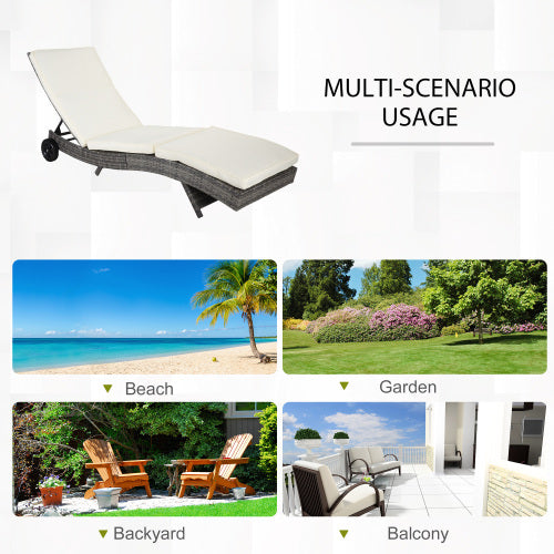 Outsunny Wicker Chaise Lounge Pool Chair, Outdoor PE Rattan Cushioned Patio Sun Lounger w/ 5-Level Adjustable Backrest & Wheels for Easy Movement, Cream White