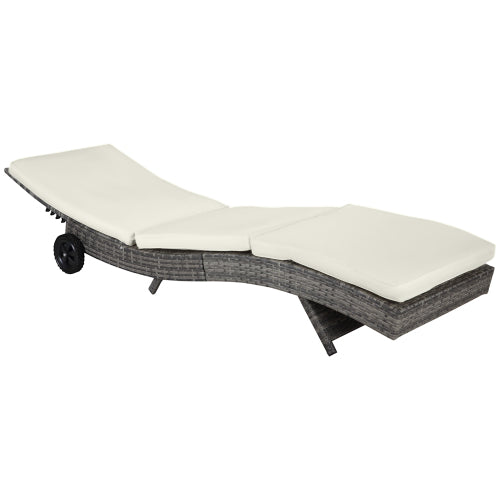 Outsunny Wicker Chaise Lounge Pool Chair, Outdoor PE Rattan Cushioned Patio Sun Lounger w/ 5-Level Adjustable Backrest & Wheels for Easy Movement, Cream White