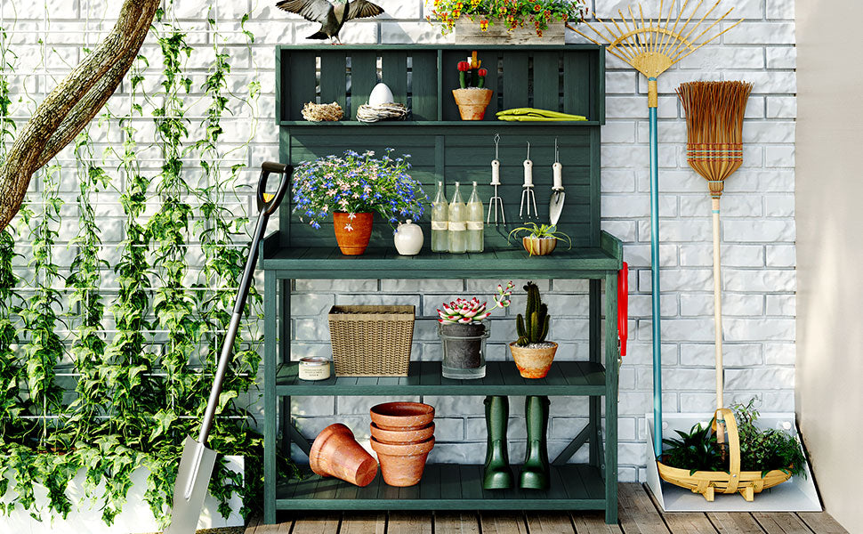 65" Large Wooden Farmhouse Rustic Outdoor Potting Bench Table, Patio Workstation, Garden Potting Bench with 4 Storage Shelves and Side Hook, Forest Green