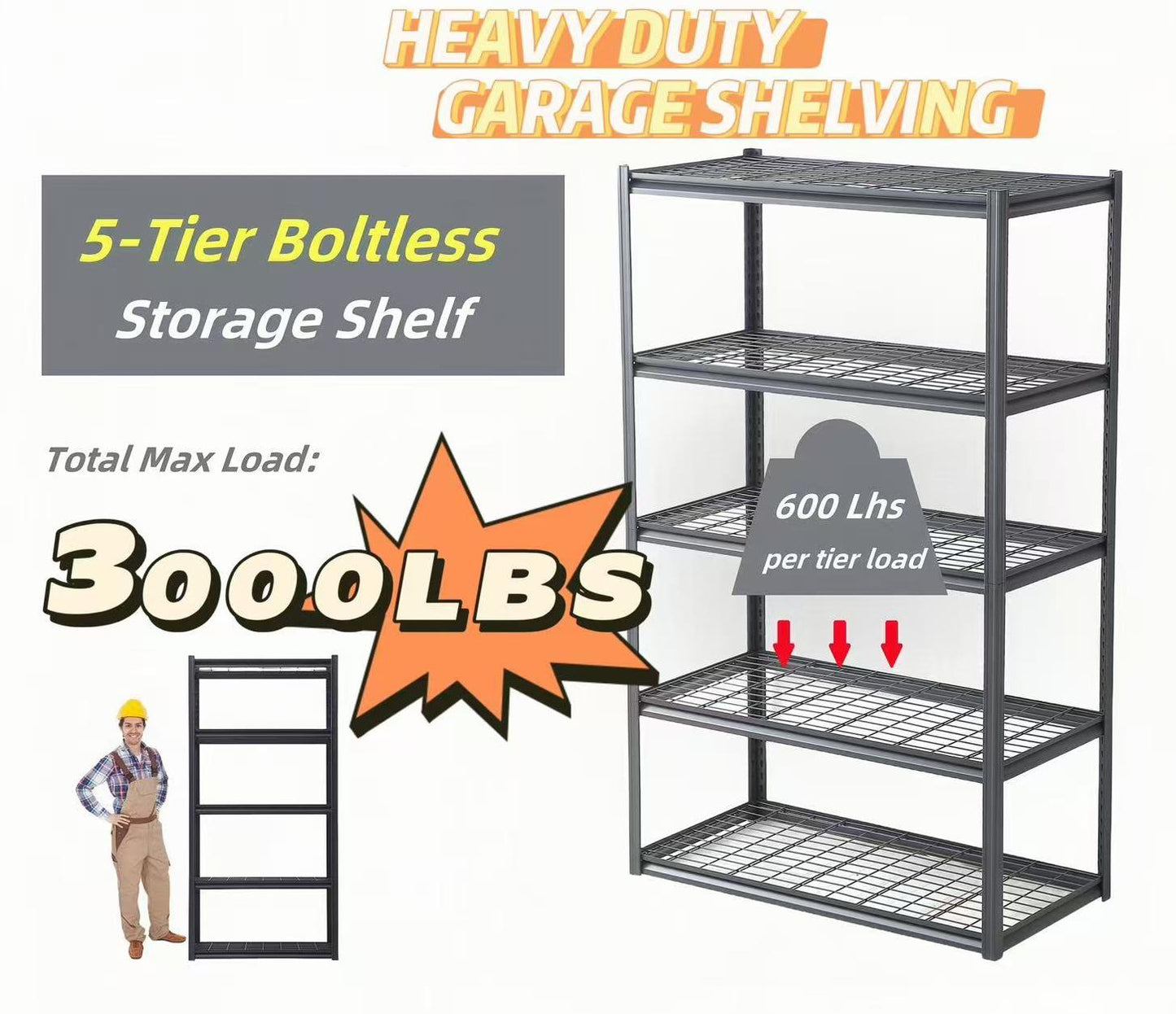 5 Tier Heavy Duty Metal Storage Shelves,Easy to Assemble,Adjustable,Storage Shelves for Basements, Garages and Kitchen, 78 "H*47.2 "W*23.6 "D