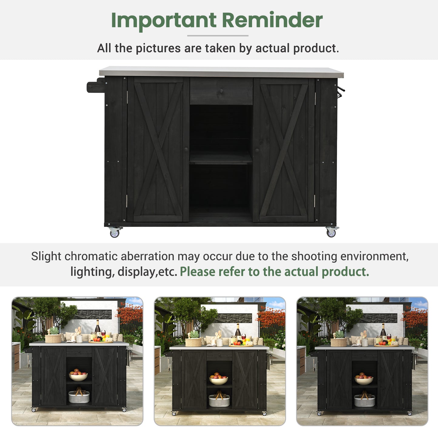 Outdoor Kitchen Island Fir Wood Kitchen Island with Stainless Steel Top, Ample Storage Space, Towel and Spice Racks and a Bottle Opener for Outdoor, Black