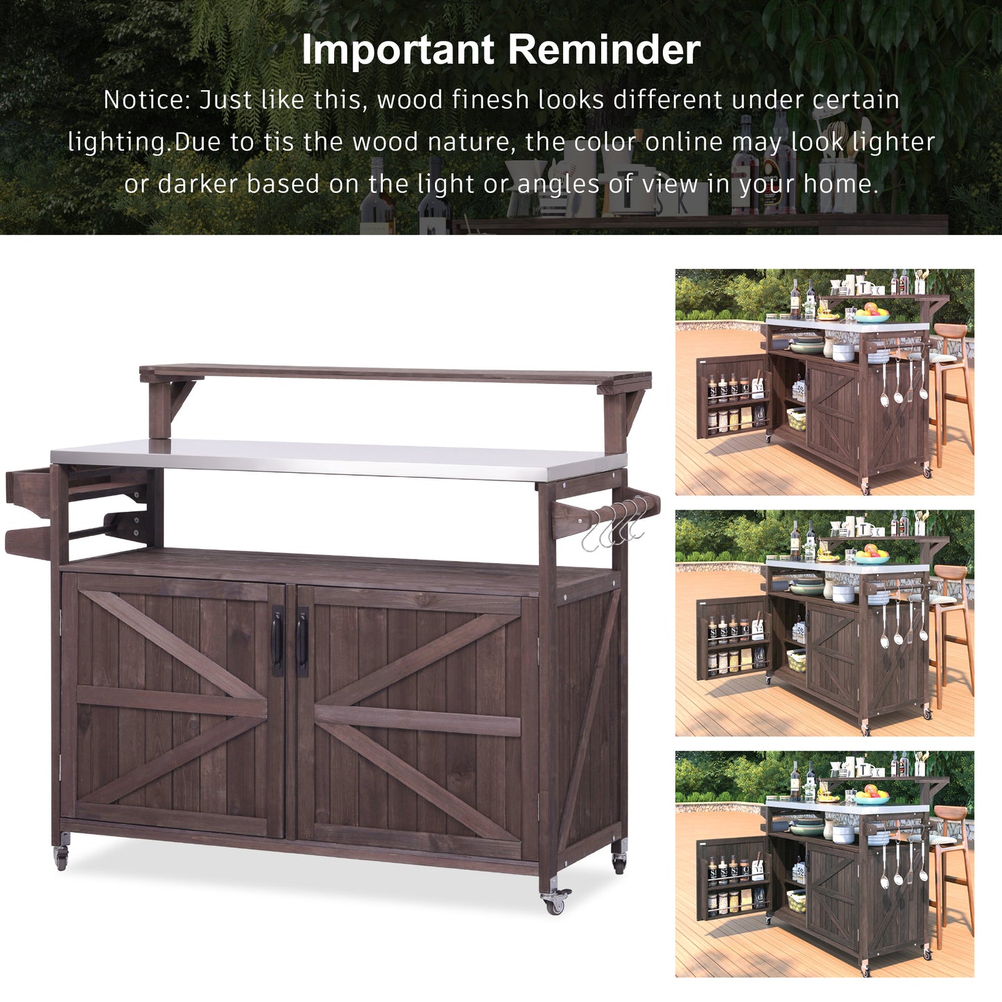 53.3" Outdoor Kitchen Island with Raised Shelf, Solid Wood Storage Cabinet with Stainless Steel Top, Outdoor Rolling Grill Cart with Internal Storage Rack, Adjustable Shelf, Spice Rack, Brown