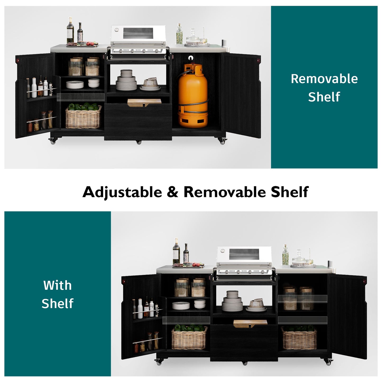 66.5" Outdoor Kitchen Island for Big Green Egg Grills, Solid Wood Outdoor Grill Cart for Tabletop Grill with Stainless Steel Top, Drawer, Compatible with Large Big Green Egg, Kamado Joe- Black