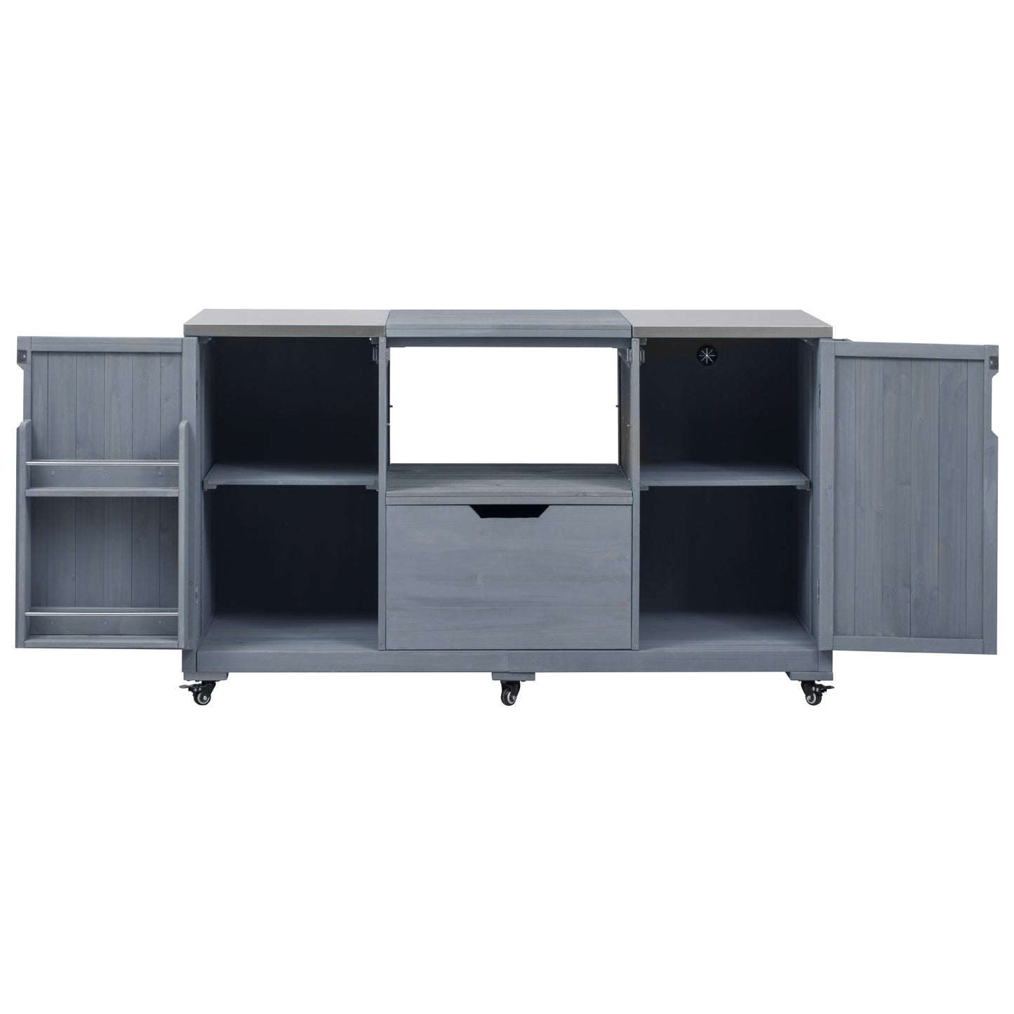 66.5" Outdoor Kitchen Island for Big Green Egg Grills, Solid Wood Outdoor Grill Cart for Tabletop Grill with Stainless Steel Top, Drawer, Compatible with Large Big Green Egg, Kamado Joe- Grey Blue