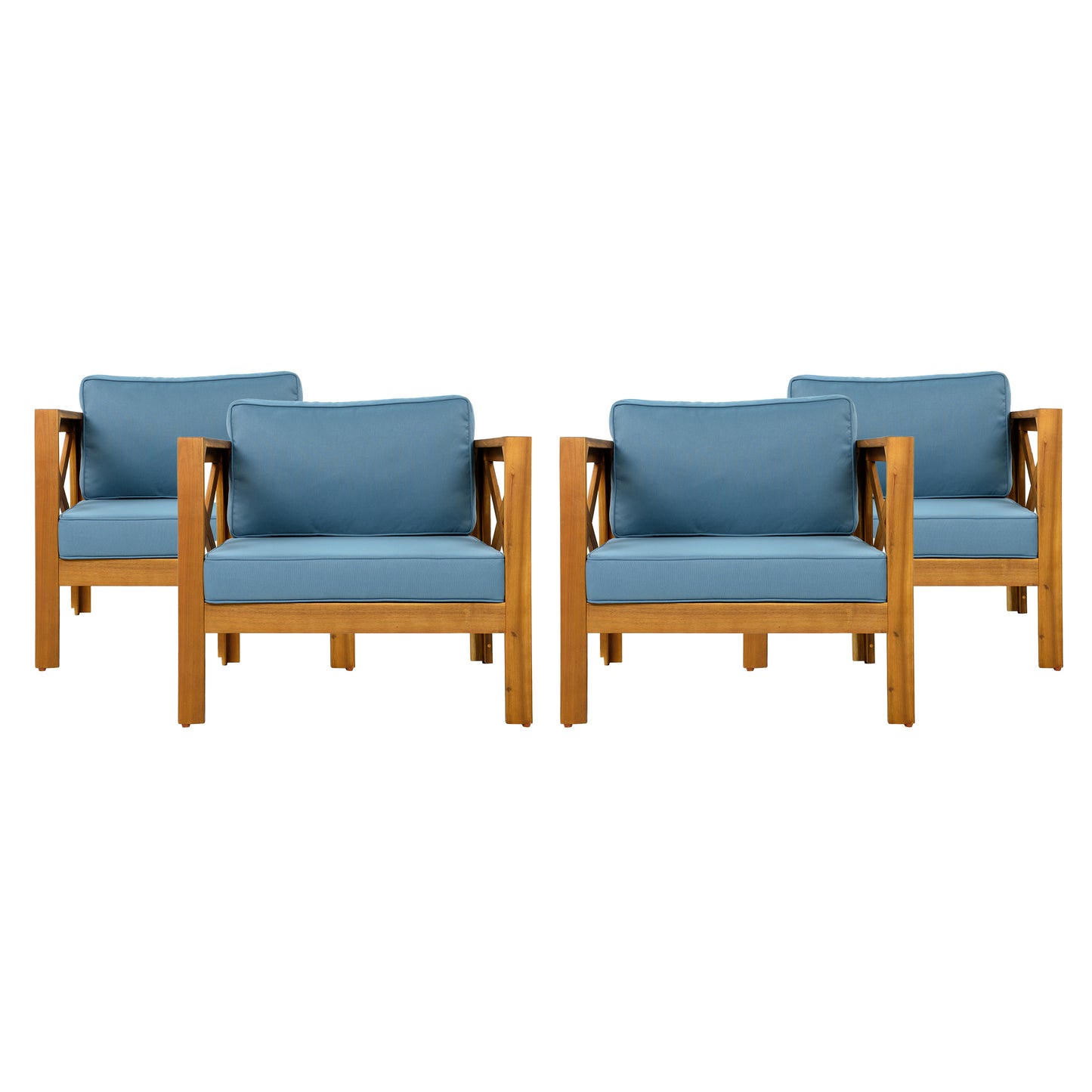 Patio Conversation Set, Outdoor Wood Conversation Seat(Set of 2),Armchair with Cushions,Foldable Acacia Wood Side Table,Teak Finish,Blue cushion