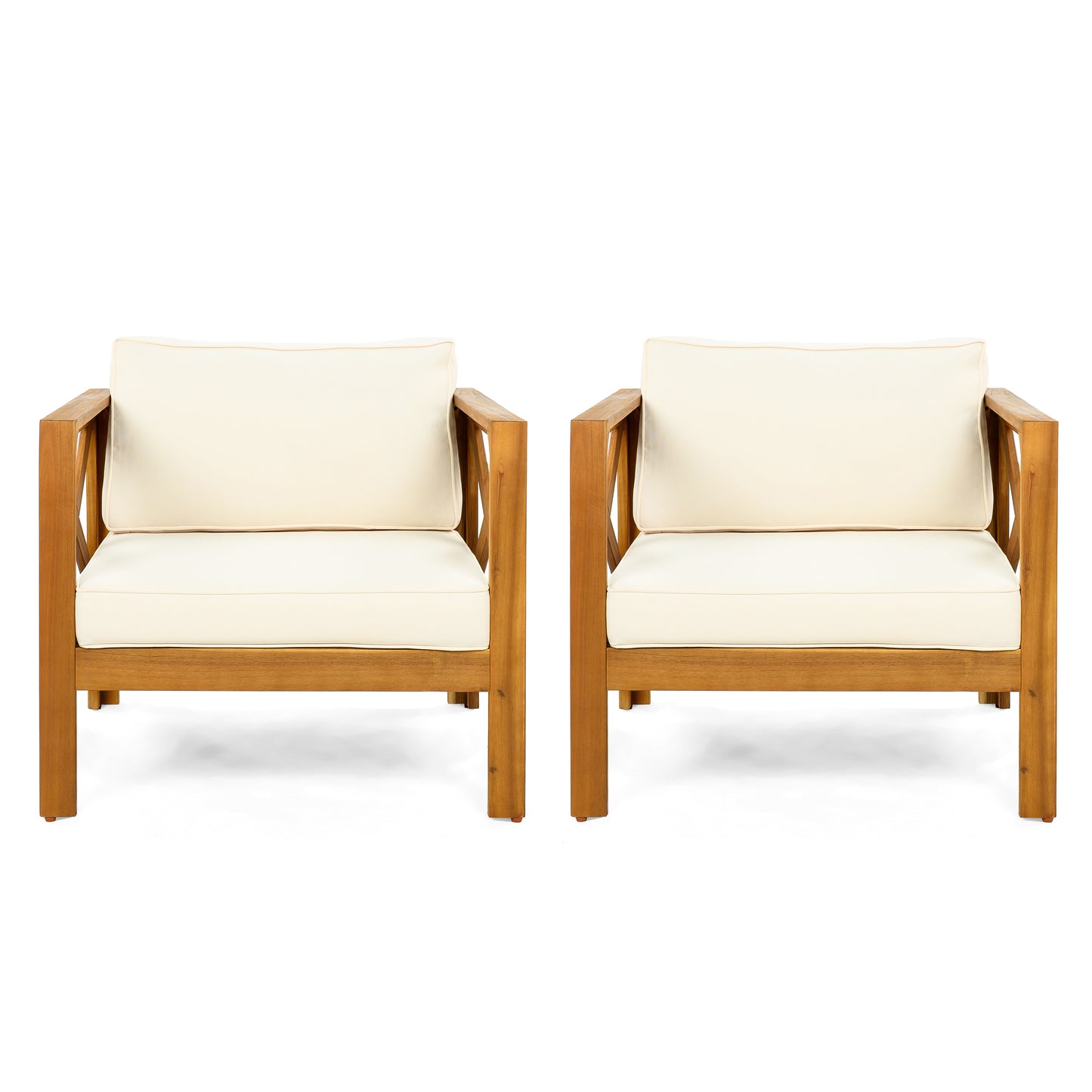 Outdoor Acacia Wood Club Wooden Armchair with Cushions (Set of 2), Conversation Set,Teak Finish,Beige Cushion