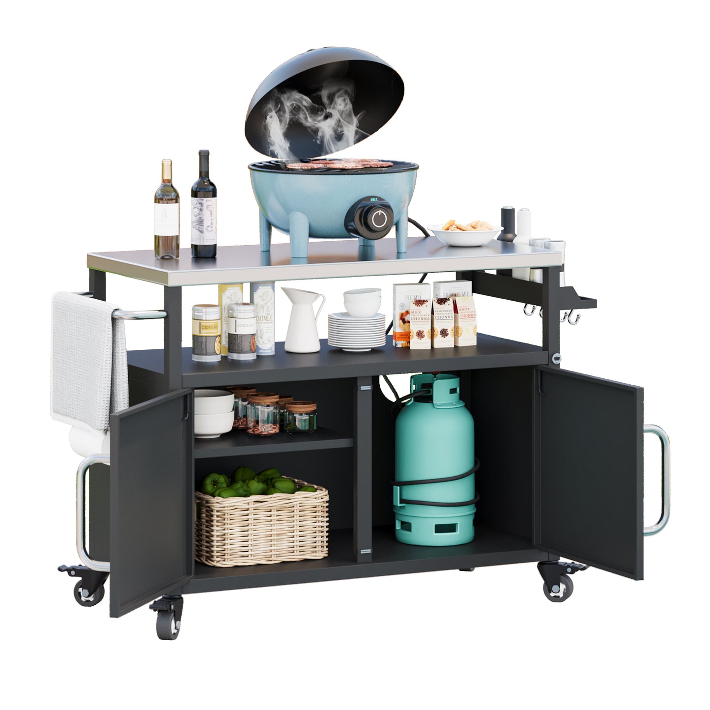 54.5" Outdoor Kitchen Island with Stainless Steel Tabletop, Metal Grill Cart Table with Storage Cabinet, Spice Rack and Towel Rack, Outdoor Bar Cart with 4 Lockable Wheels for Outside BBQ