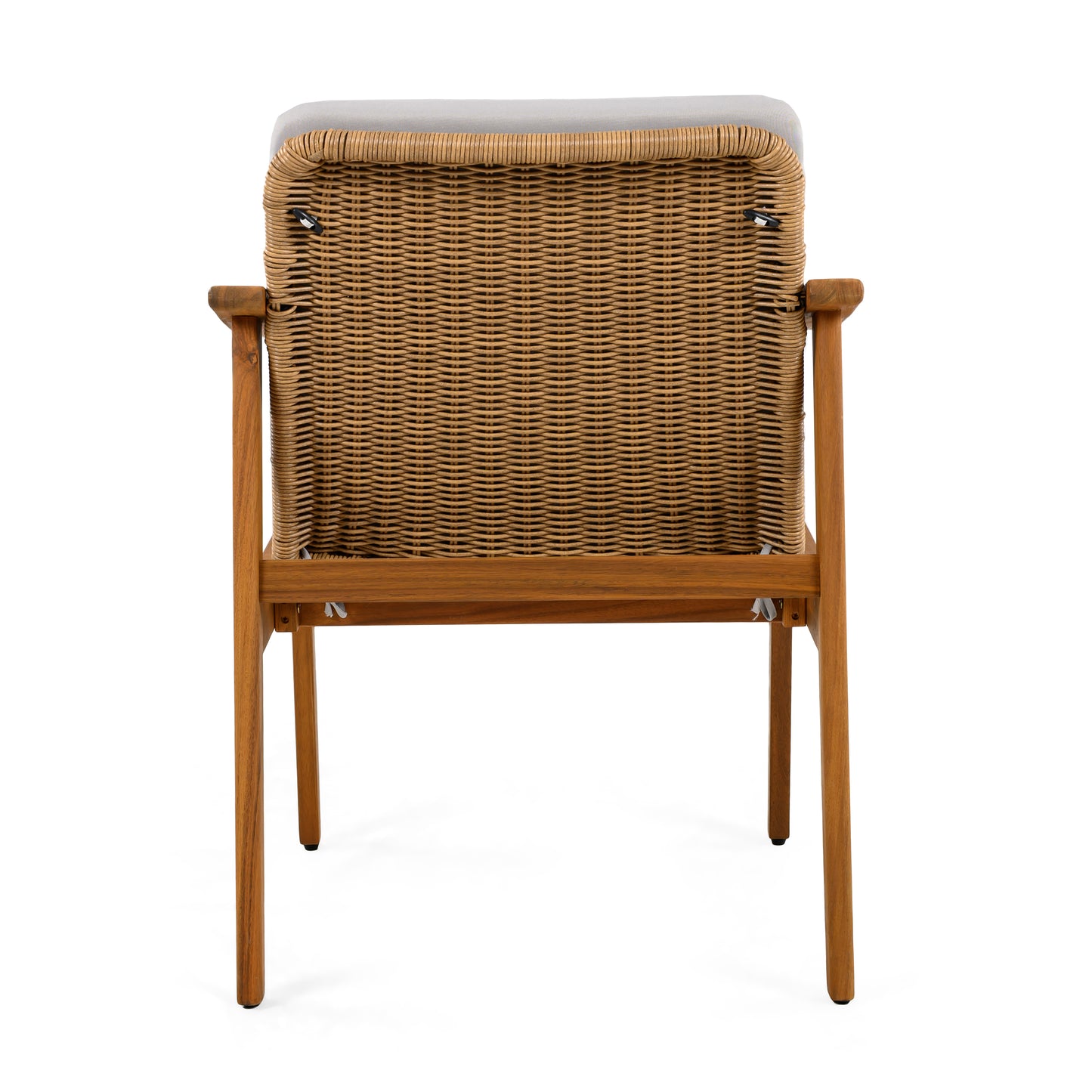 Outdoor Dining Chairs Set of 2, Teak Color Acacia Wood Frame, Brown PE Wicker, Grey Waterproof Cushion, Ideal for Patios, Gardens