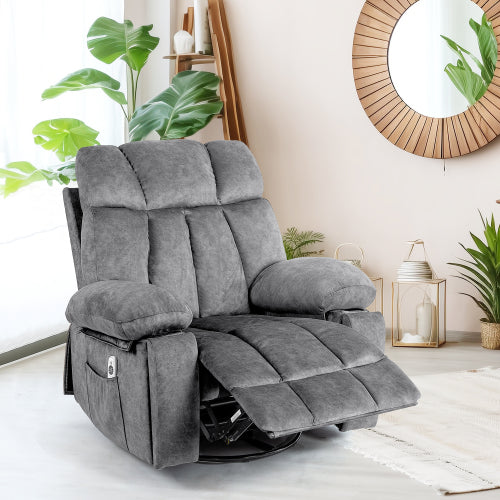 Massage Swivel Rocker Recliner Chair, Massage Chair for Living Room with Vibrating Massage and Heating Function, Ergonomic Lounge Chair with Rocking Function and Side Pocket, USB Charging Port(Grey)