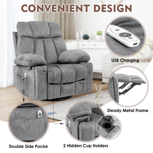 Massage Swivel Rocker Recliner Chair, Massage Chair for Living Room with Vibrating Massage and Heating Function, Ergonomic Lounge Chair with Rocking Function and Side Pocket, USB Charging Port(Grey)