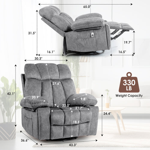 Massage Swivel Rocker Recliner Chair, Massage Chair for Living Room with Vibrating Massage and Heating Function, Ergonomic Lounge Chair with Rocking Function and Side Pocket, USB Charging Port(Grey)