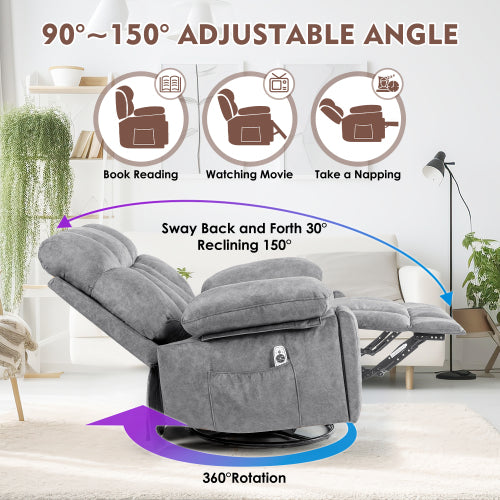 Massage Swivel Rocker Recliner Chair, Massage Chair for Living Room with Vibrating Massage and Heating Function, Ergonomic Lounge Chair with Rocking Function and Side Pocket, USB Charging Port(Grey)