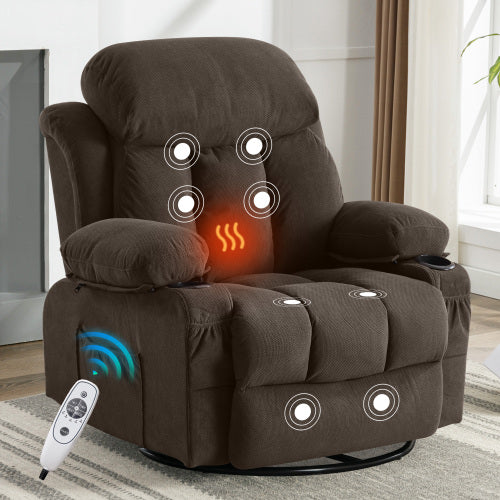 Swinging recliner massage heated sofa, with USB and 2 cup holders in side pockets, (Brown )