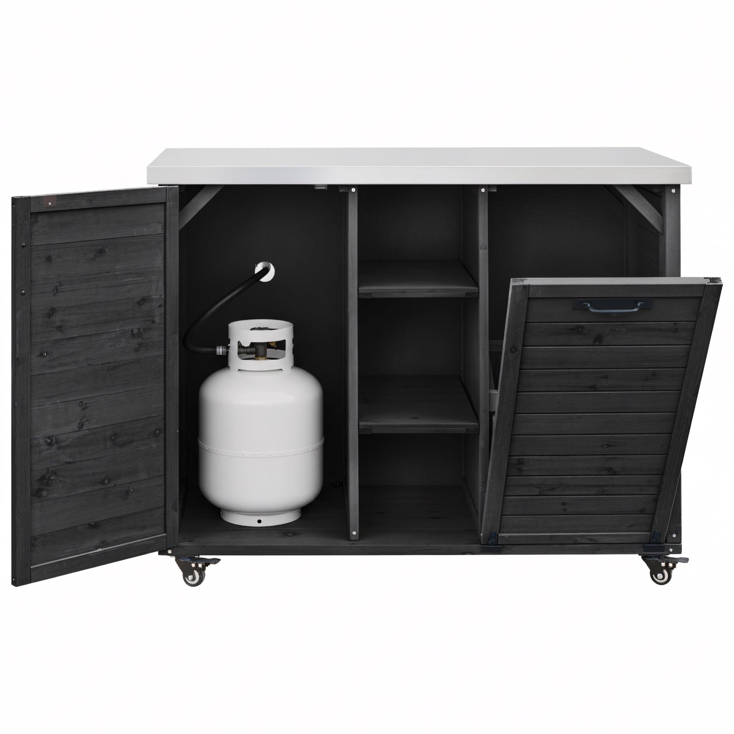 78.3" Outdoor Kitchen Island with Foldable Grill Table, Wooden Outdoor Grill Cart with Trash Can Storage & Stainless Steel Top, Outdoor Bar Cart, Pizza Oven Table for Lawn & Garden, Black