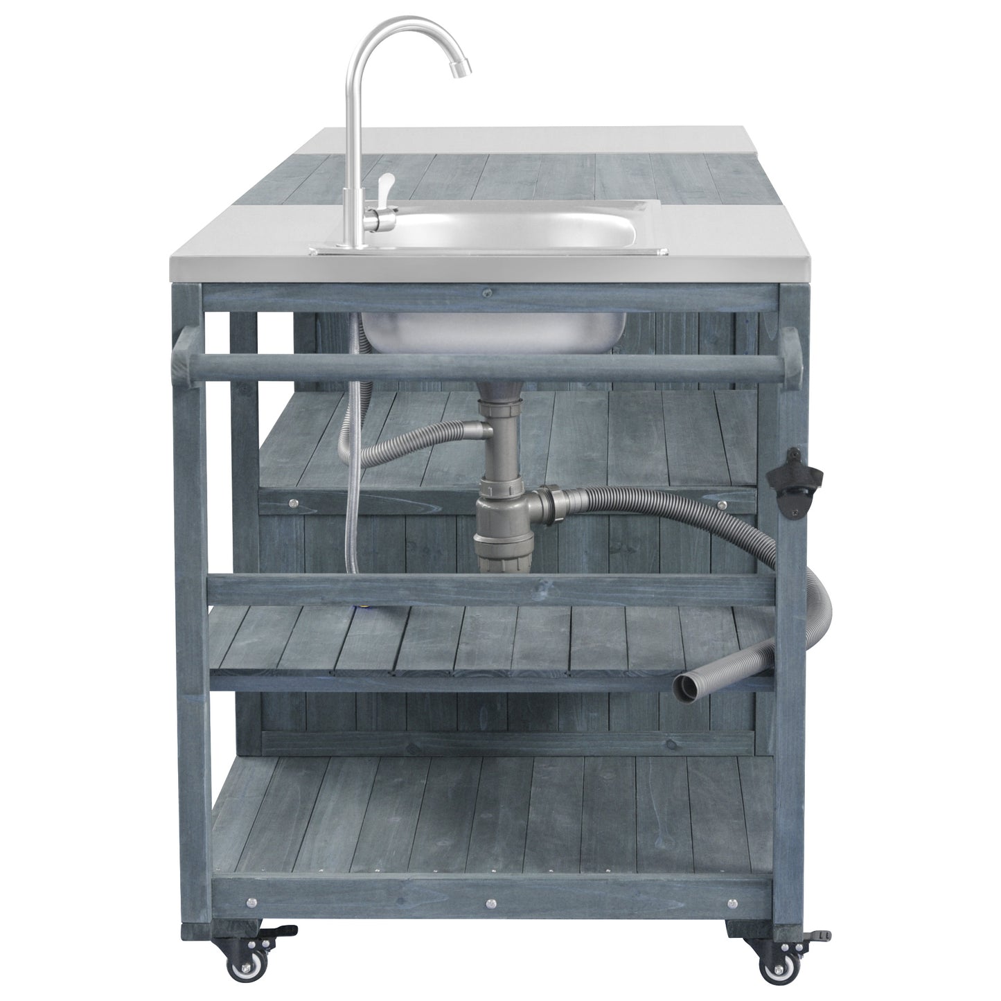 75.4" Outdoor Kitchen Island with Sink, Solid Wood Outdoor Grill Cart for XL Green Egg Grills, Rolling Outdoor Bar Cart with Stainless Steel Top, for Pizza Prep & BBQ, Grey Blue