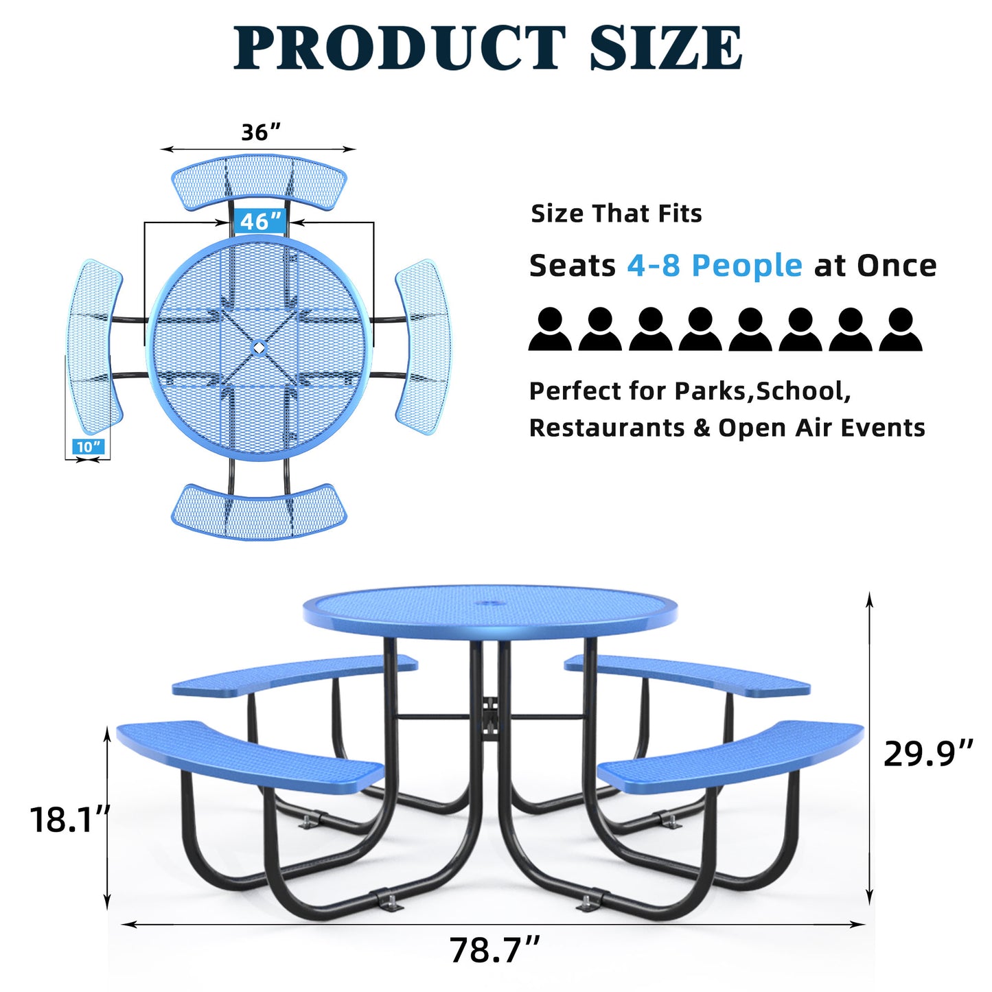 Round Outdoor Steel Picnic Table 46" with umbrella pole,Blue