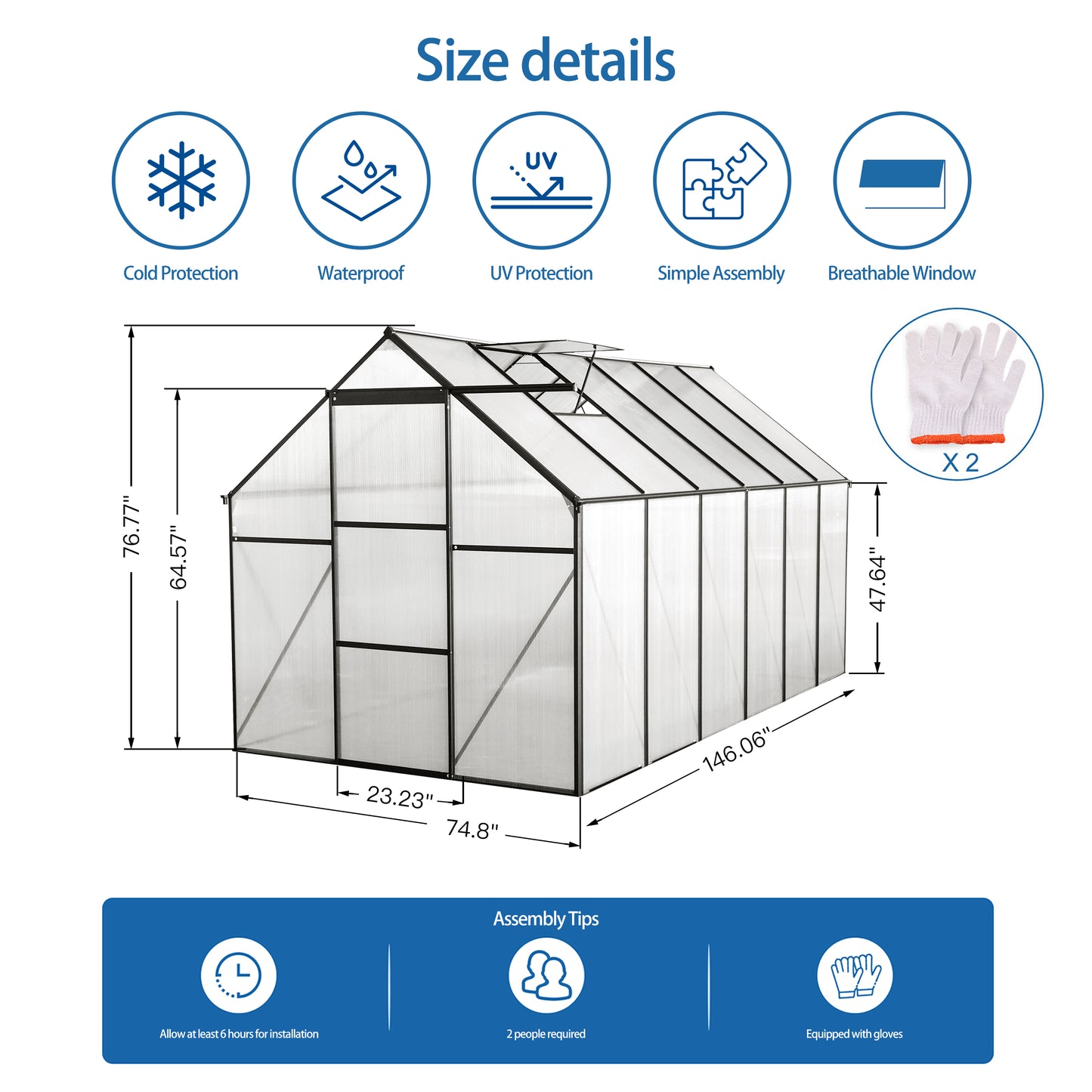 6x12 FT Polycarbonate Greenhouse Raised Base and Anchor Aluminum Heavy Duty Walk-in Greenhouses for Outdoor Backyard in All Season,Black
