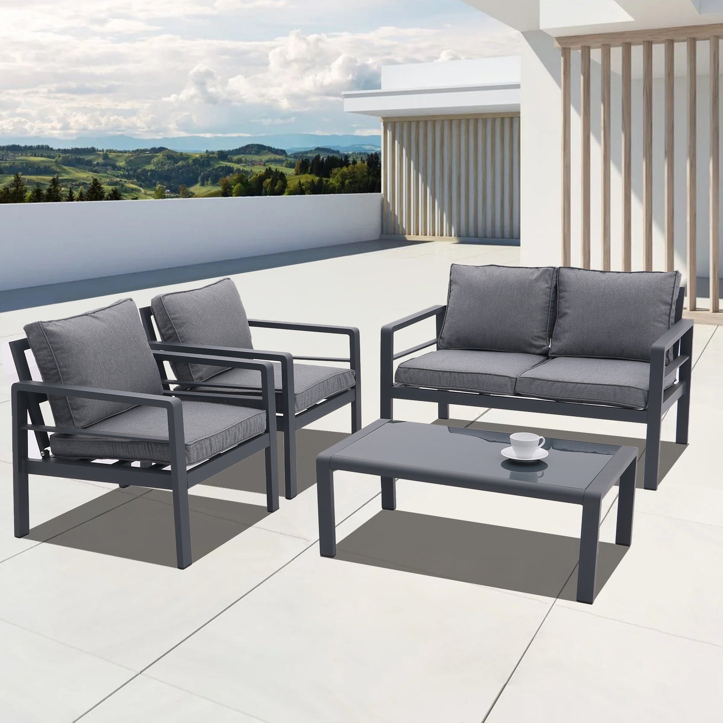 4-piece Aluminum Outdoor Patio Conversation Set,All-Weather Sectional Sofa Outside Furniture with Removable Cushions and Tempered Glass Coffee Table for Courtyard,Poolside,Deck,Balcony(Grey)