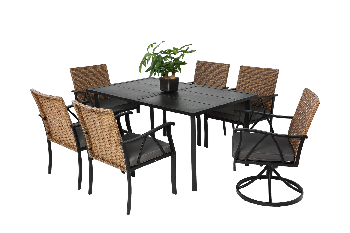7 Piece Patio Dining Set ,Outdoor Wicker Furniture Set for Backyard Garden Deck Poolside with 2 Cushions Swivel Rocker Chairs,4 Cushions chairs,Table Top, Removable Cushions