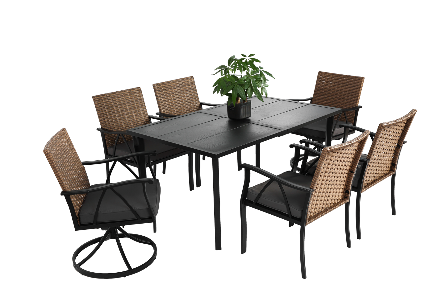 7 Piece Patio Dining Set ,Outdoor Wicker Furniture Set for Backyard Garden Deck Poolside with 2 Cushions Swivel Rocker Chairs,4 Cushions chairs,Table Top, Removable Cushions