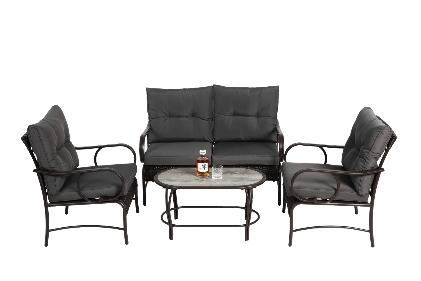 4 Piece Outdoor Patio Furniture Sets, Wicker Conversation Set for Porch Deck, Rattan Sofa Chair with Cushion-Grey
