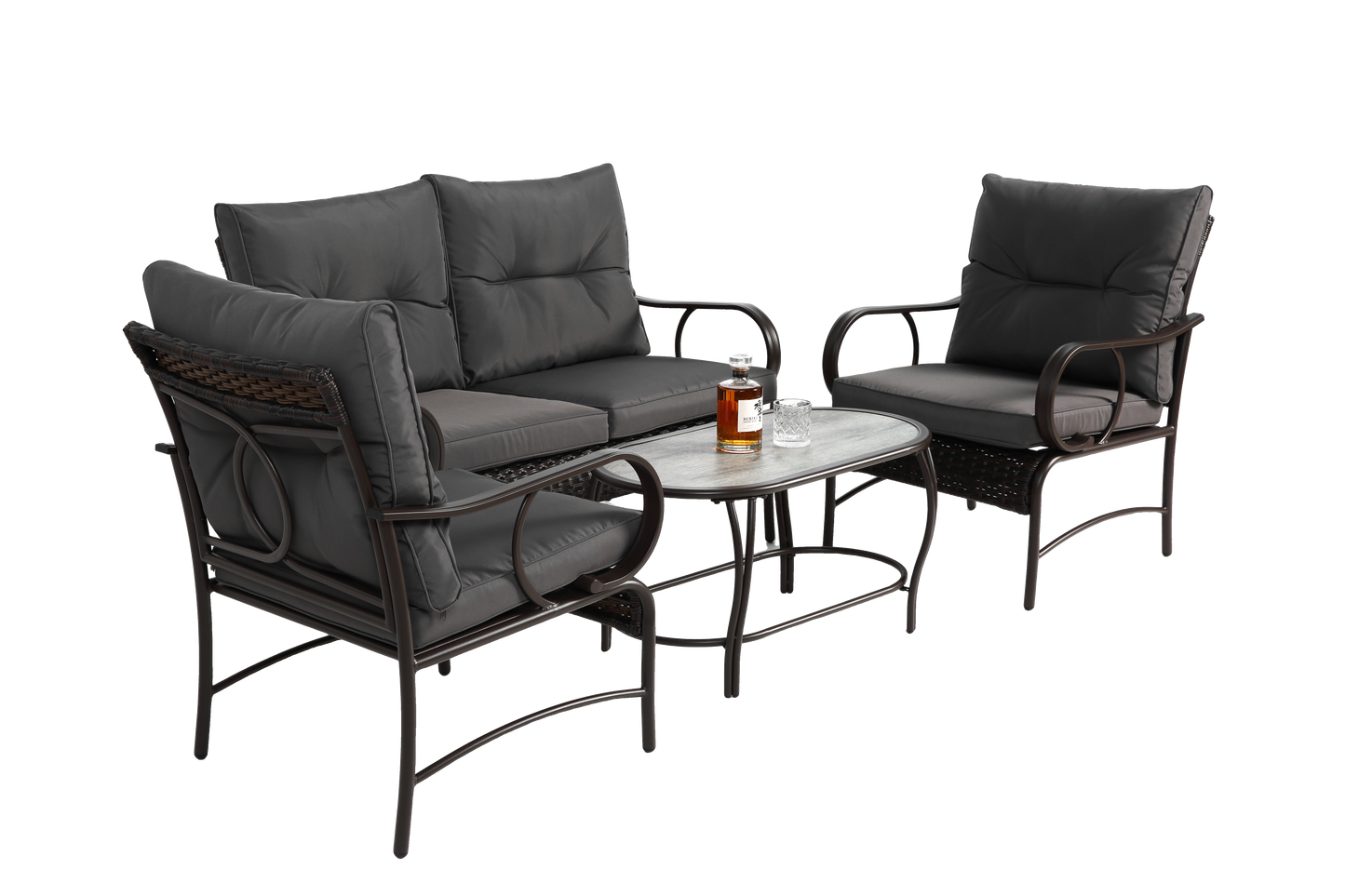 4 Piece Outdoor Patio Furniture Sets, Wicker Conversation Set for Porch Deck, Rattan Sofa Chair with Cushion-Grey