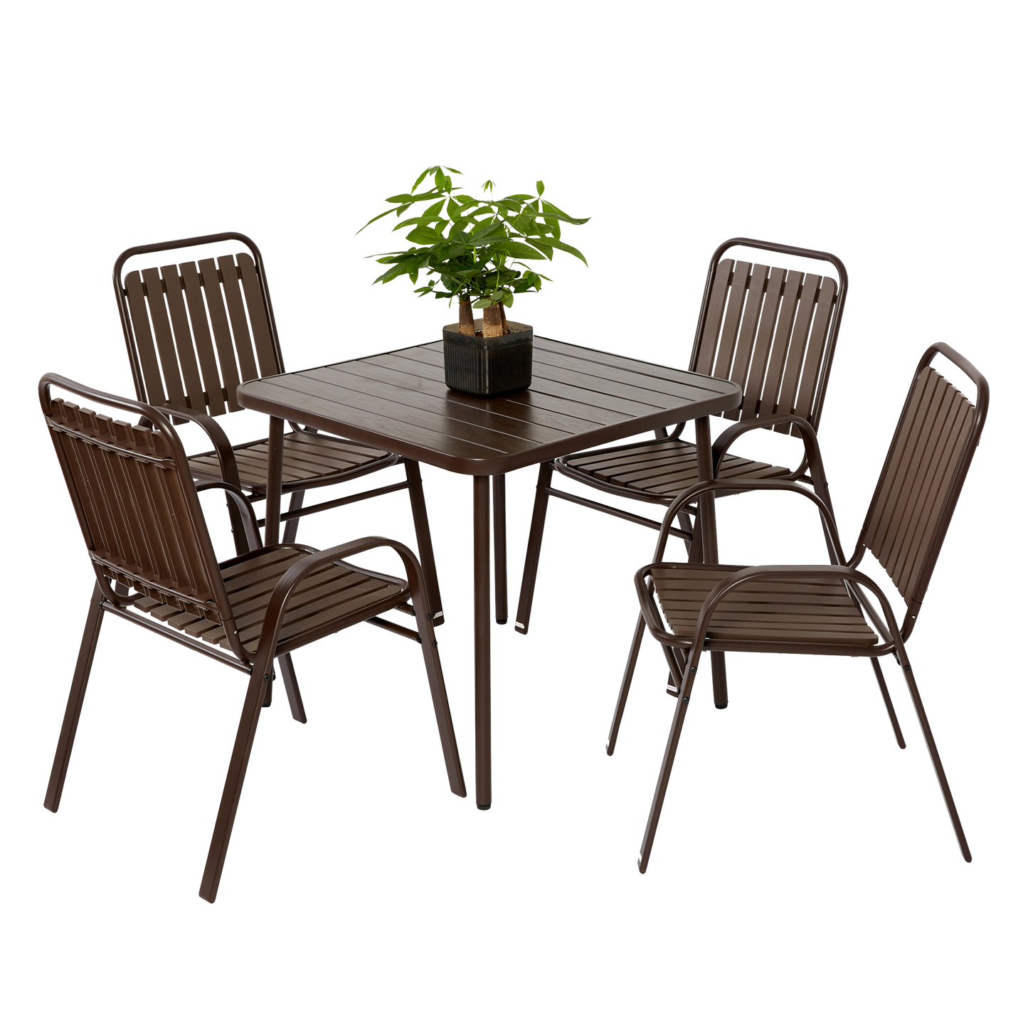 5-Piece Plastic chair and steel table Outdoor Dining Set, plastic Chairs and Table Set for Garden Patio, Brown