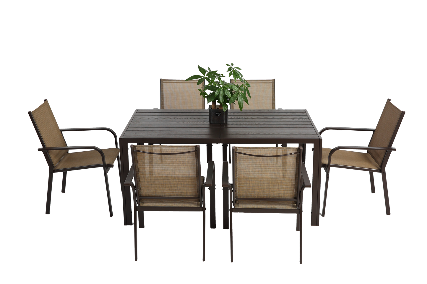 7 Pieces Patio Dining Set, Outdoor Furniture Table and 6 Textilene Chairs, Outdoor Furniture with Rectangular Table and 6 Stackable Chairs Family Conversation Set for Garden Backyard Deck-Brown