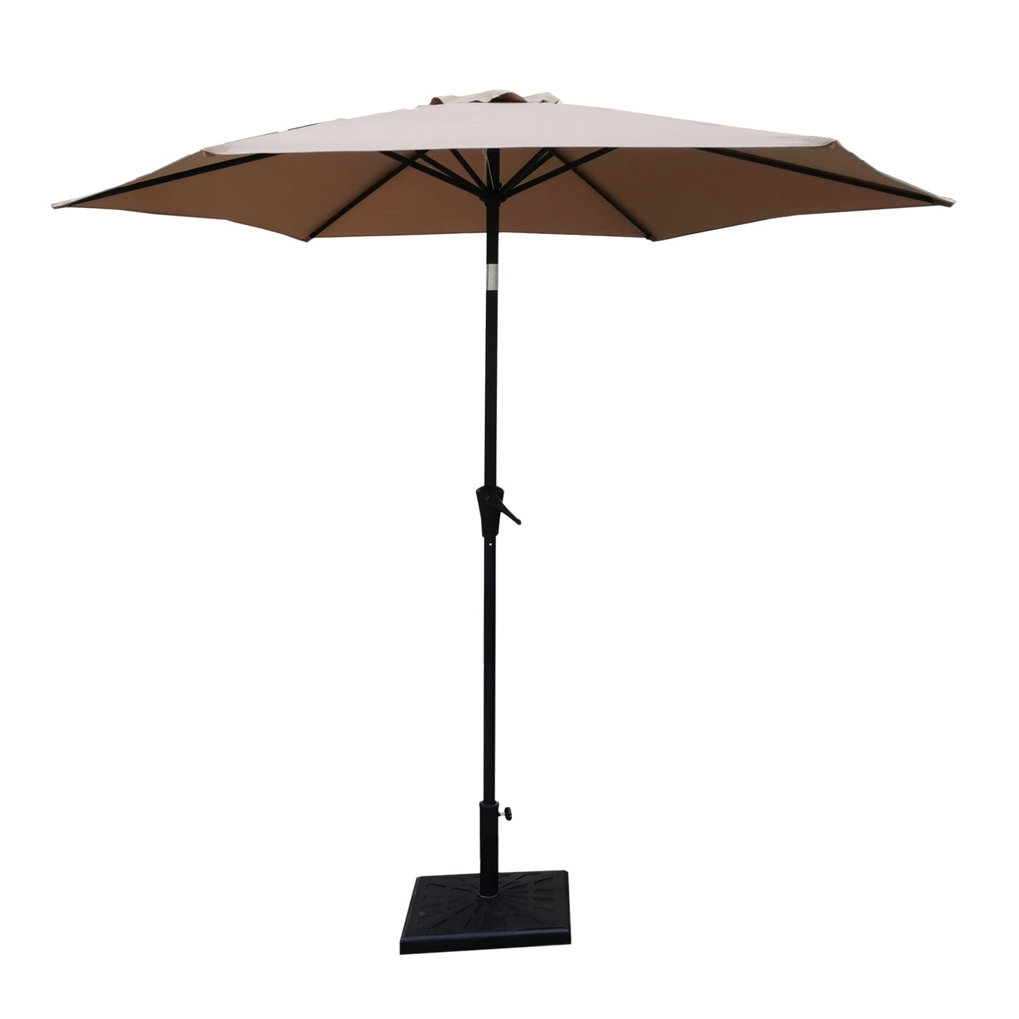 8.8 feet Outdoor Aluminum Patio Umbrella, Patio Umbrella, Market Umbrella with 42 Pound Square Resin Umbrella Base, Push Button Tilt and Crank lift, Taupe