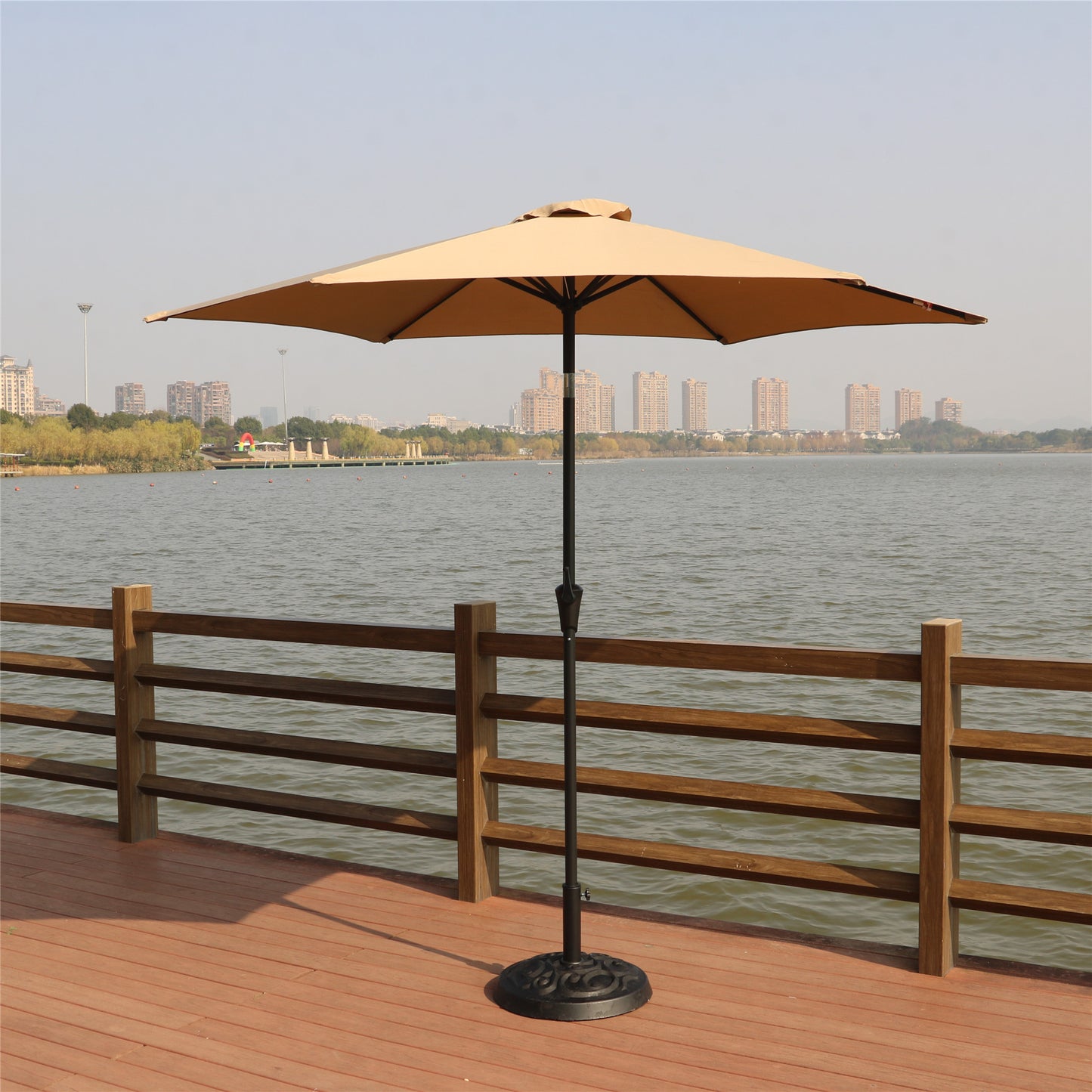 8.8 feet Outdoor Aluminum Patio Umbrella, Patio Umbrella, Market Umbrella with 33 pounds Round Resin Umbrella Base, Push Button Tilt and Crank lift, Taupe
