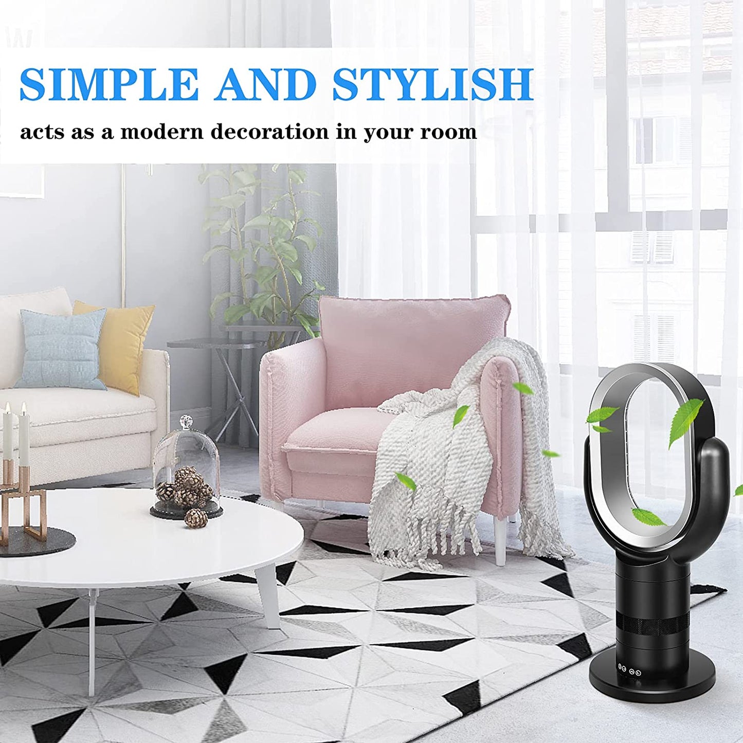 HealSmart Medium size portable bladeless fan, small table fan, 10 speeds settings, 10-hour timing closure bladeless fan, stylish and modern fan, low noise, lightweight, 24 inches, black