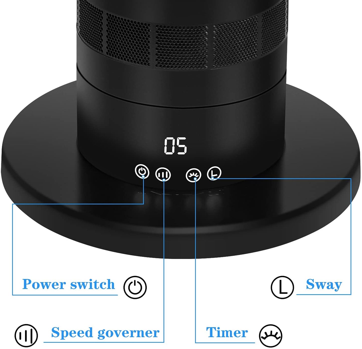 HealSmart Medium size portable bladeless fan, small table fan, 10 speeds settings, 10-hour timing closure bladeless fan, stylish and modern fan, low noise, lightweight, 24 inches, black